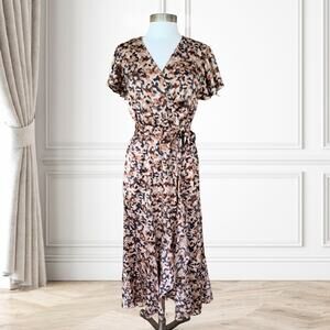 Nicole Miller Flutter Sleeve Wrap Midi Maxi Dress Size Small Brown Tan Gray